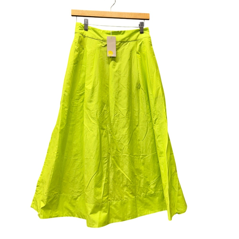 Boden Taffeta Skirt Womens 6 (27x33) Neon Lime Green Pleated Pull On Midi NEW